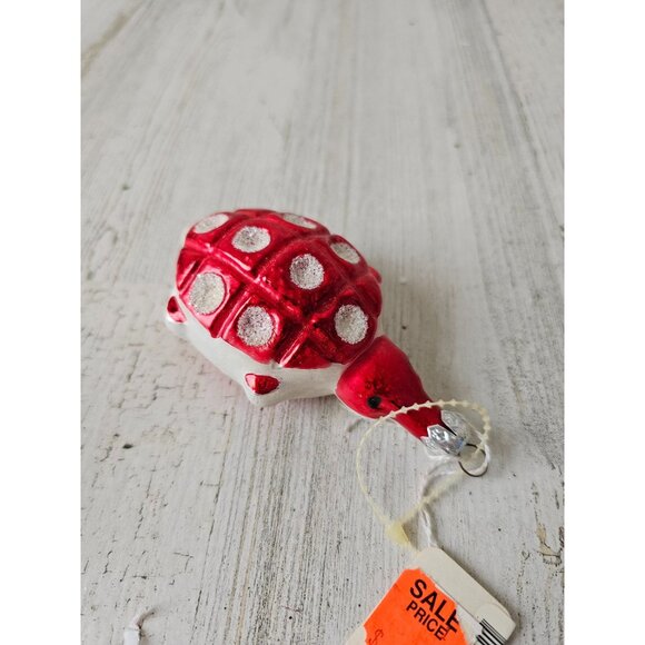 Vintage glass red turtle flocked ornament unique Poland Xmas tree - Picture 1 of 8